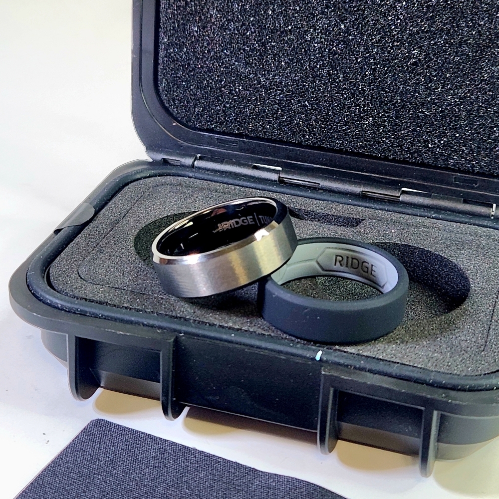 Ridge Ring Tungsten Gun Metal Beveled. Mens Ring Black and Gray Ring Set